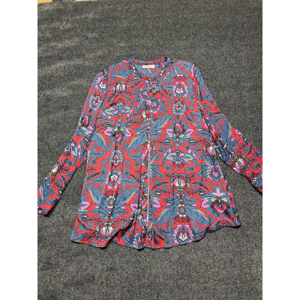 Motherhood Maternity Red Floral Button Down Blouse Long Slv‎ 100% Polyester Sz M